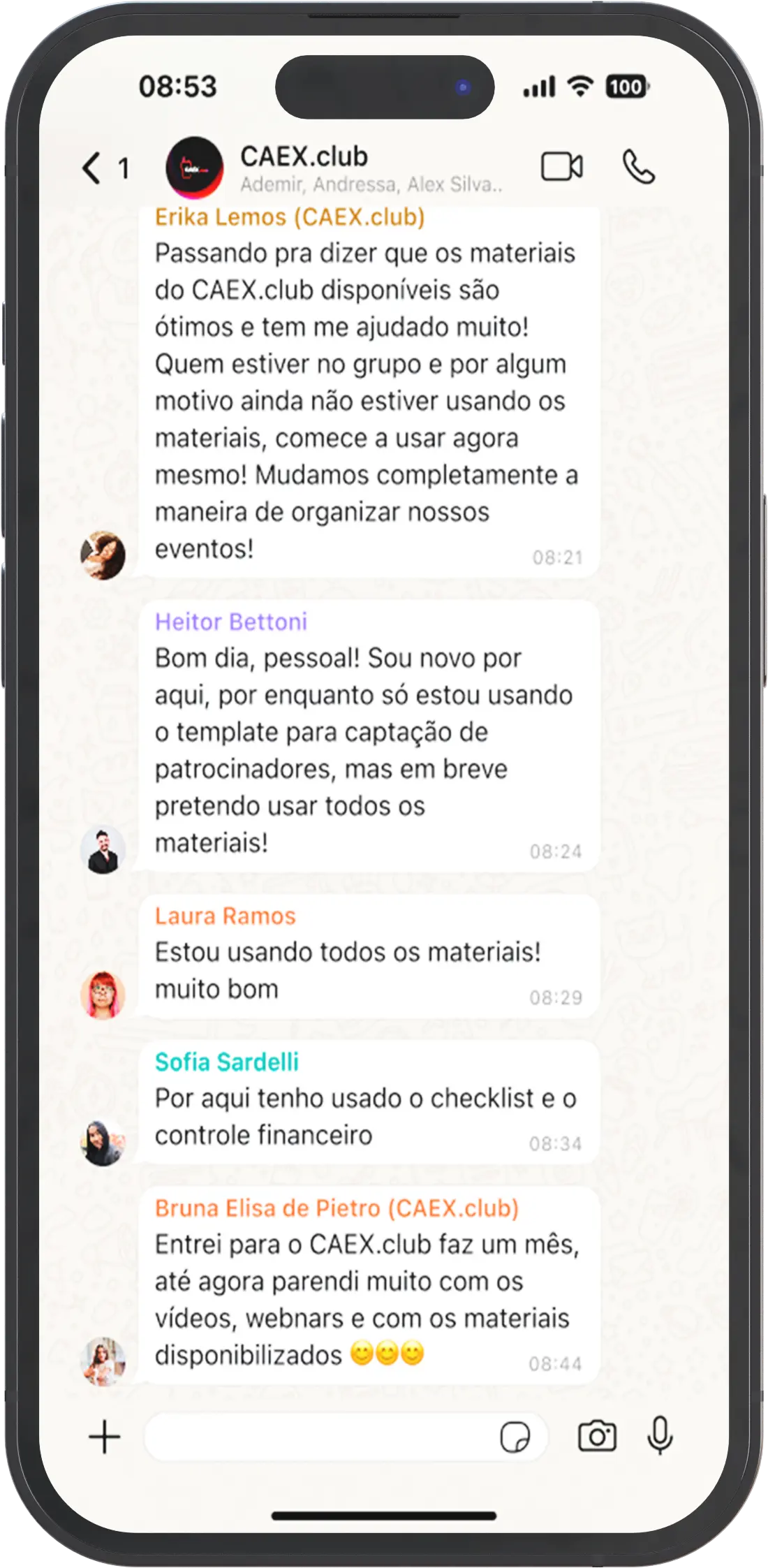 Conversa do grupo CAEX.club sobre estratégias de captação de patrocínio e networking entre organizadores de eventos