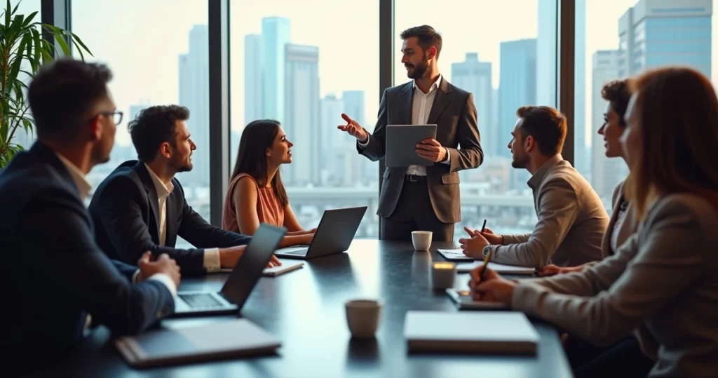 Business professionals exchanging ideas during a networking session at a modern conference room