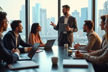 Business professionals exchanging ideas during a networking session at a modern conference room