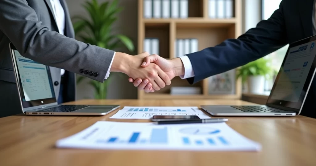 Hands of business partners shaking over a desk with event sponsorship documents and a laptop