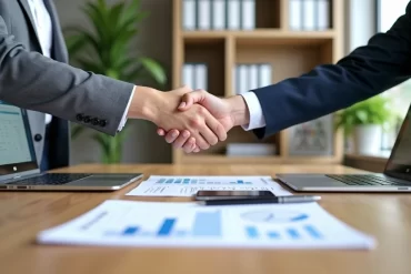 Hands of business partners shaking over a desk with event sponsorship documents and a laptop
