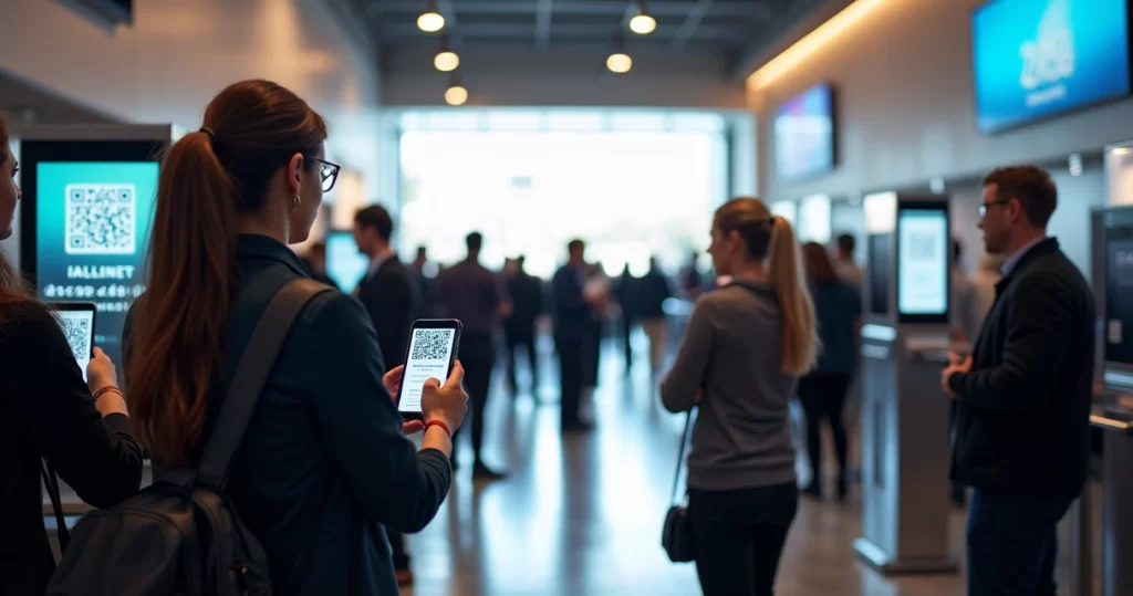 Organizers managing event access control with automated check-in and QR code scanning at an event entrance