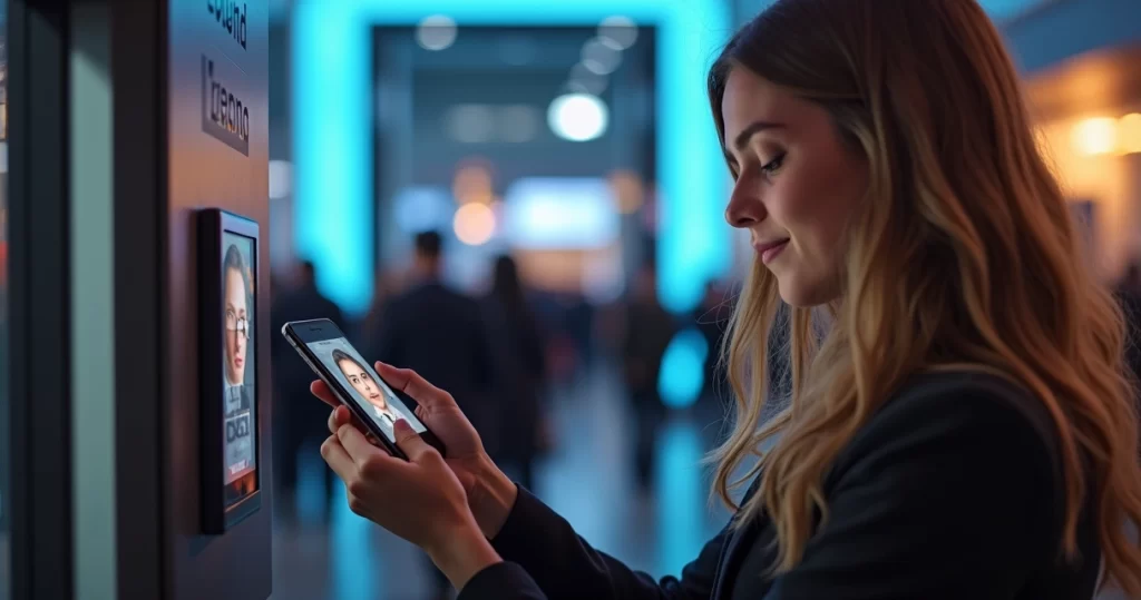 Participant using facial recognition app for event check-in on smartphone at modern event entrance
