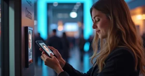 Participant using facial recognition app for event check-in on smartphone at modern event entrance