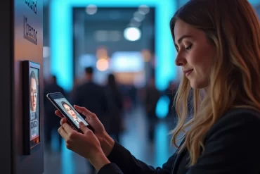 Participant using facial recognition app for event check-in on smartphone at modern event entrance