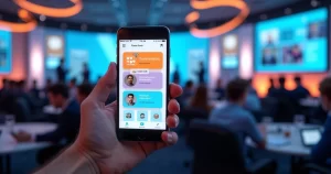 Smartphone displaying a customizable event app interface with networking, gamification, and live streaming features on screen