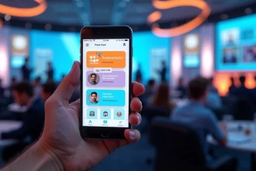 Smartphone displaying a customizable event app interface with networking, gamification, and live streaming features on screen