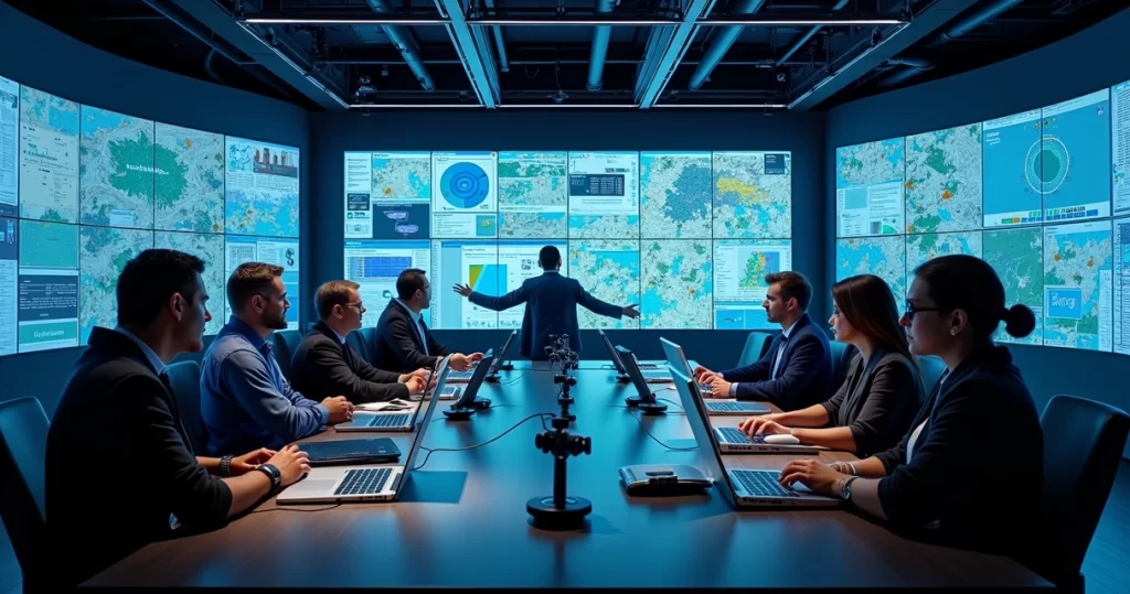 Event operations team monitoring logistics on multiple screens in a control room