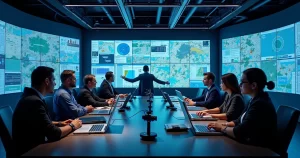 Event operations team monitoring logistics on multiple screens in a control room