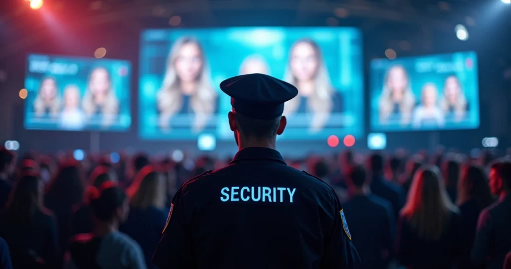 Event security staff monitoring crowd with facial recognition technology on digital screens
