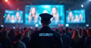 Event security staff monitoring crowd with facial recognition technology on digital screens