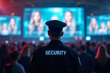 Event security staff monitoring crowd with facial recognition technology on digital screens