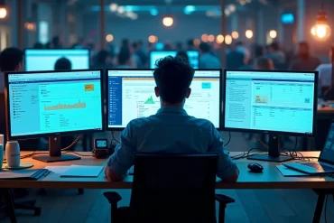 Event manager analyzing multiple disconnected technology systems on monitors