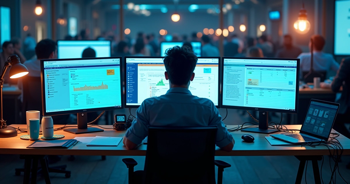 Event manager analyzing multiple disconnected technology systems on monitors